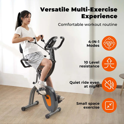 Transform Your Home Workouts with the 4-in-1 Folding Magnetic Exercise Bike - 10 Levels of Resistance and Arm Resistance Bands for Ultimate Fitness
